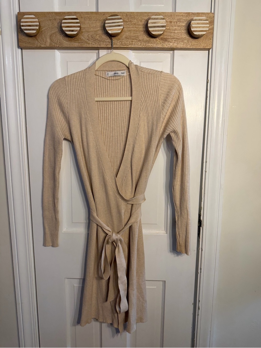 Mango Ribbed Wrap Long Cardigan Beige Belted Duster Size S Very Soft